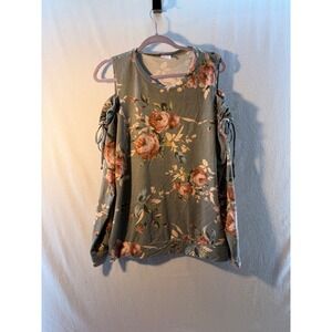 Wanna B Floral Cold Shoulder Tie Sleeve Sweatshirt Olive‎ Green Roses Top L